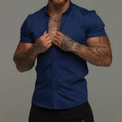 Muscle Men Fitness Sports Leisure camicia elastica Solid risvolto Button Business Streetwear Fashion Trend Summer New Short Sleeve Top