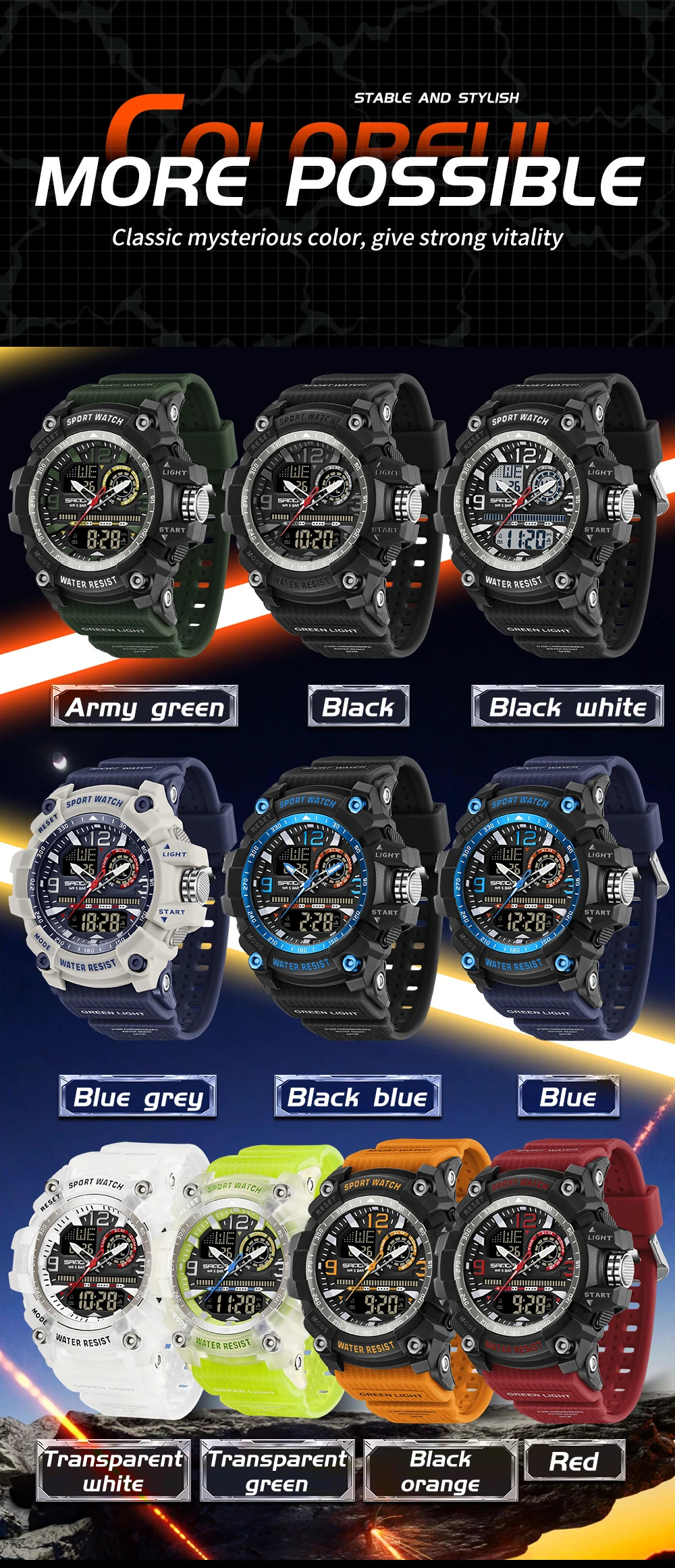 SANDA 3367 Orologio elettronico da uomo di moda Sport all'aria aperta Orologio digitale elettronico da uomo LED impermeabile multifunzionale 2025