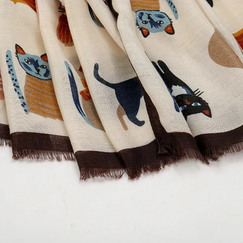 Fashion Printed Cat Fringed Shawls Women Cotton Viscose Muffler Travel Sun Protection Scarf Animal Printed Scarf 180*85cm