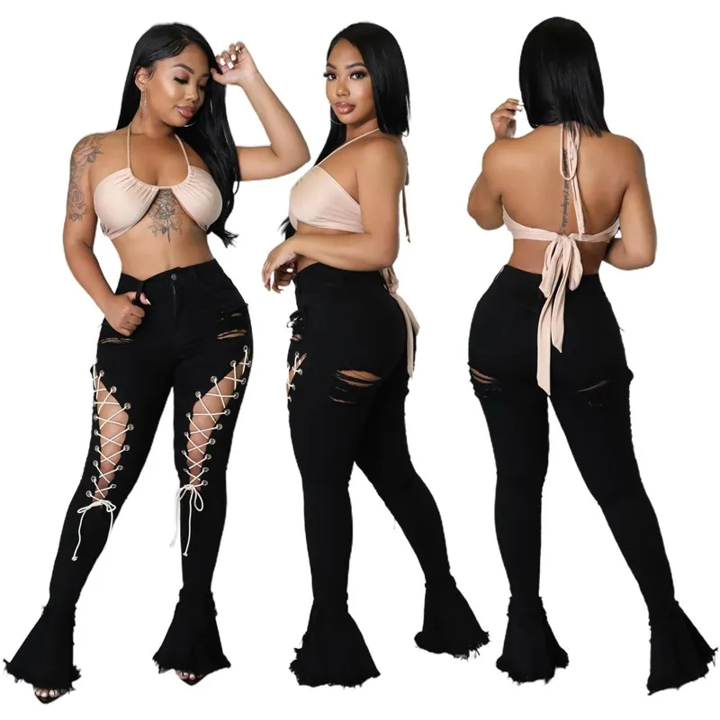 midden taille geperforeerde chien eye vloermop denim uitlopende broek dames faion hoge taille wijde pijpen jeans bla kleur