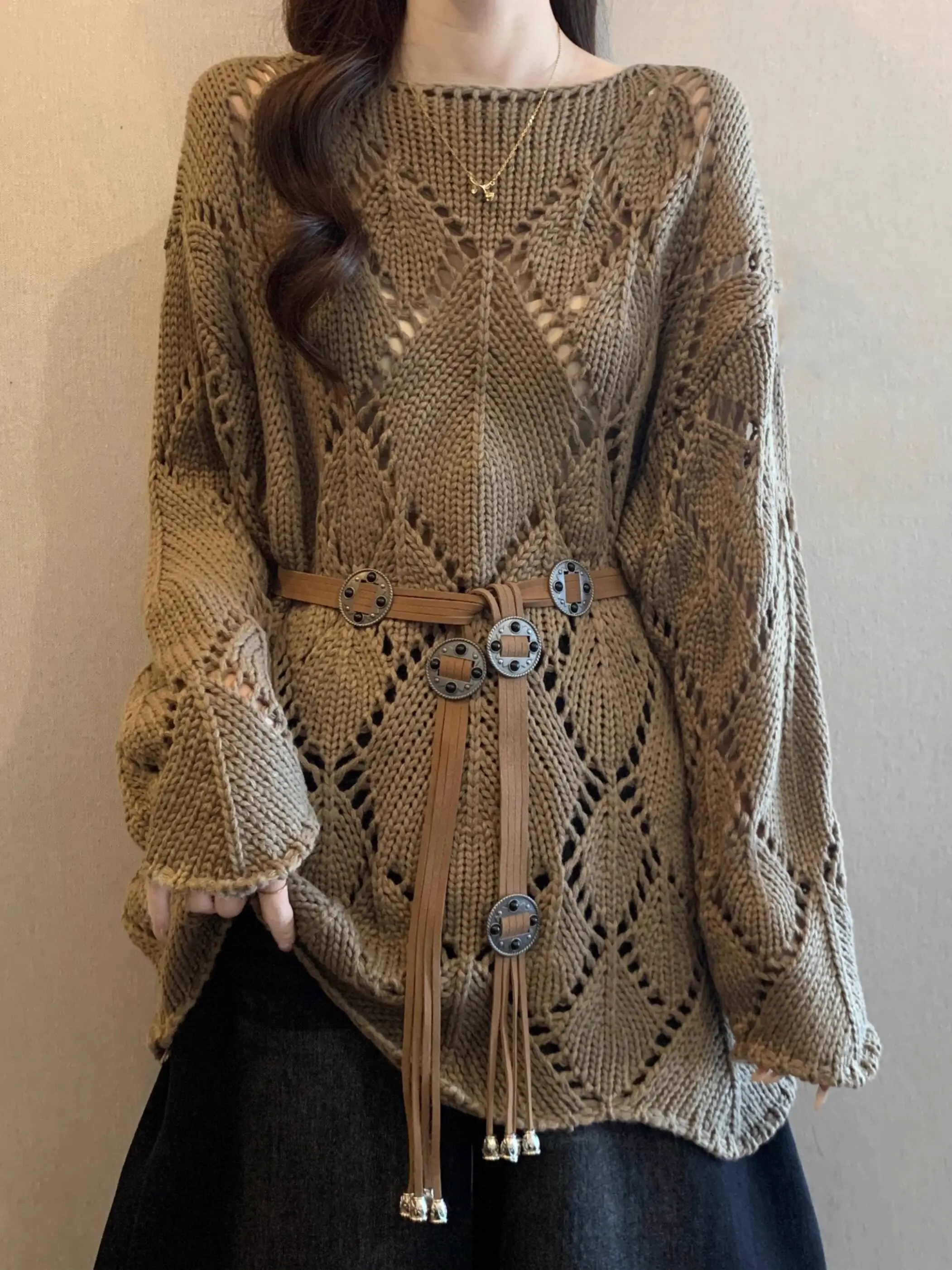 2025 Autumn Women Sweater Plus Size Women's Maillard Coffee Hollow Out Long Loose Knit Top Waist Cinching Slim Fit