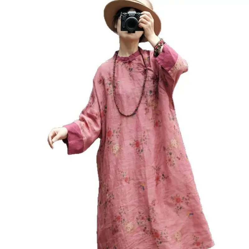 ใหม่ 2025 ฤดูใบไม้ผลิศิลปะสไตล์ผู้หญิงคอยาวแขนยาวหลวมVINTAGEปุ่มRamieดอกไม้พิมพ์คุณภาพสูงB42
