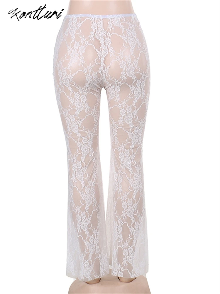 Kontturi New Summer Sexy Bow Patchwork Lace Pants For Women 2024 Low Waist See Through Pants Fashion White Flare Pants Female