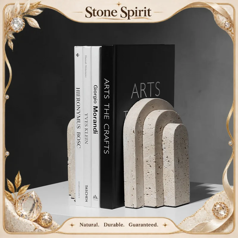 Natural Travertine Marble Bookends Pair Vintage U Shape Beige Stone Bookend Book Stand Holder Room Decor Home Decoration