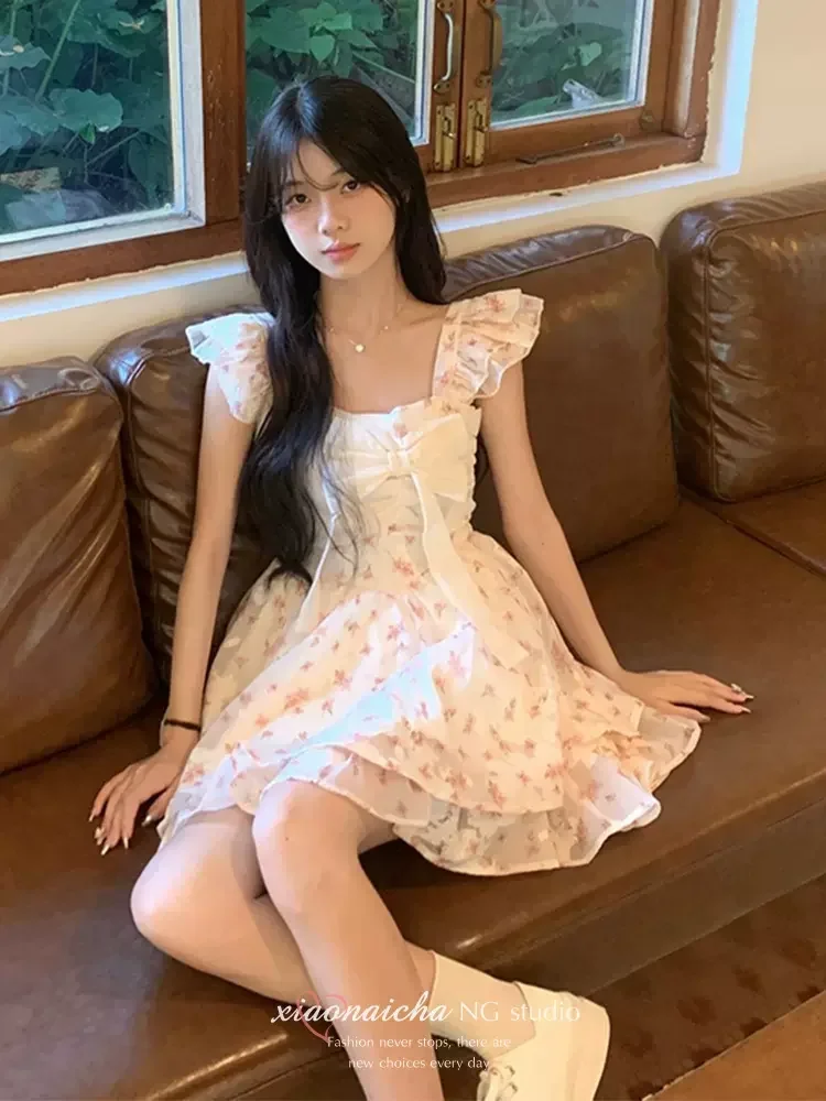 Bloemen Mini Jurk Vrouwen Zoete Zomer Strik Pure Prinses Mouwloze Humeur A-Lijn Vestidos Meisjes Trendy Esthetische Streetwear Chic