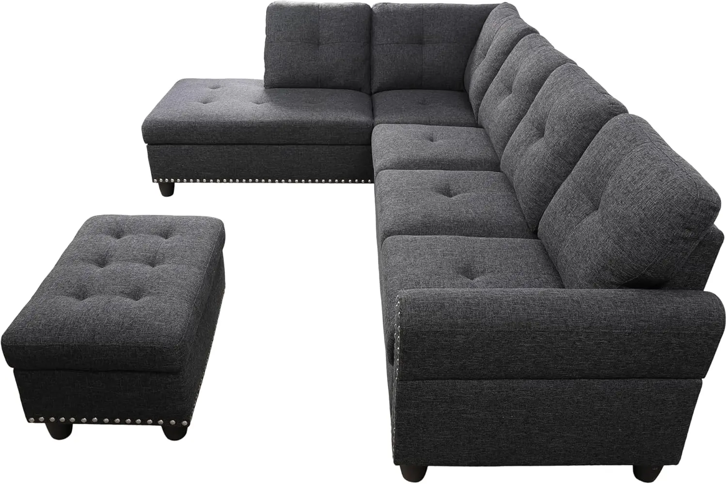 L-Shaped Sectional Sofa With Storage Ottoman & Cup Holders, 98"" Linen Corner Couch With Tufted Backrest And Wicker Trimmed