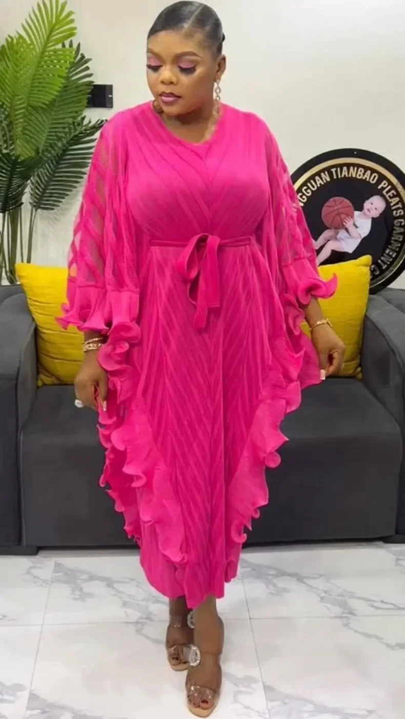

Niche Design Pleated Women's Dress Ruffles Batwing Sleeves Belt Gathered Waist Elegant Party Dresses 2025 Spring New Hot Sales