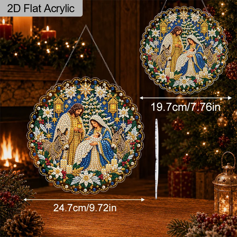 2D Flat Acrylic Holy Family Nativity Pearl Diamond Painting Hanging Ornament, DIY Christmas Bead Art Pendant, Mary Joseph Baby
