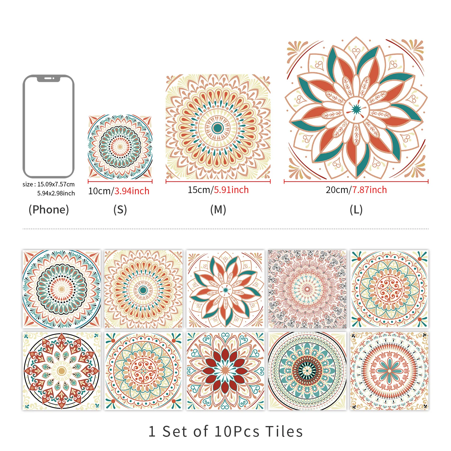 Peel & Stick Wall Panels Waterproof - 10-Pack Mandala Tile Stickers for Kitchen/Rental Splashguard