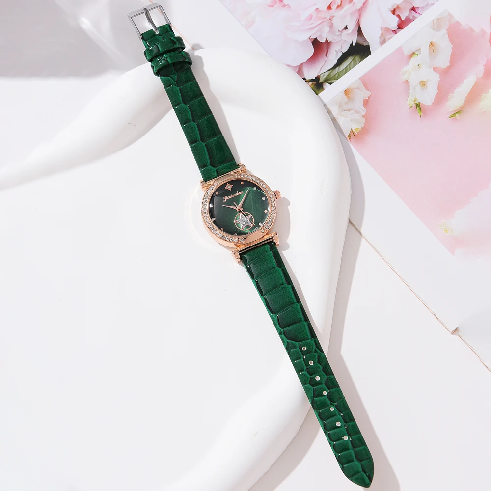 6PCS Set Green Luxury Quartz Watch Women Ring Necklace Earring Rhinestone Fashion Wristwatch Casual Ladies Bracelet Watches 6PCS