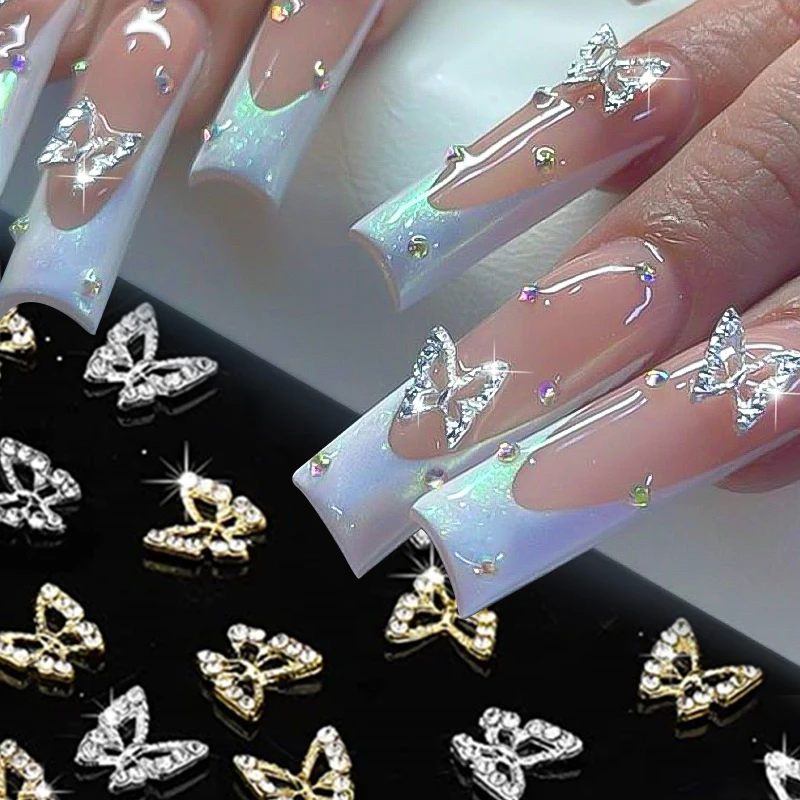 10pcs/bag Shiny Butterfly Shaped Nail Rhinestones 3D Silver Gold Star Flower Nail Charms Nail Pearl Jewelry Glitter Accessories