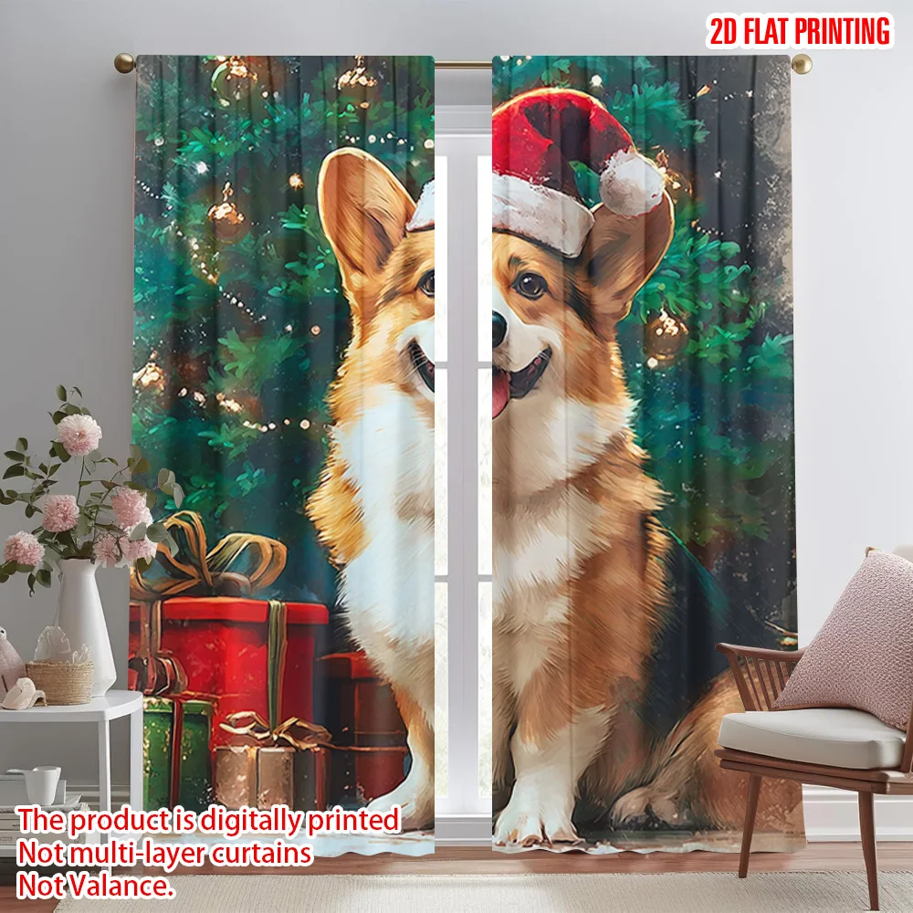 2pcs,2D plane printing Pattern Curtains Corgi Dog Versatile Fabric (without rod) Home Decor for Bedroom & Living Room Decor