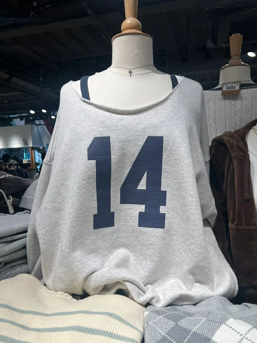Fashion 14 Print Oversized Sweatshirt Women Autumn Sexy Scoop Neck Long Sleeve Cotton Loose Pullover Streetwear Hoodie Y2K Tops