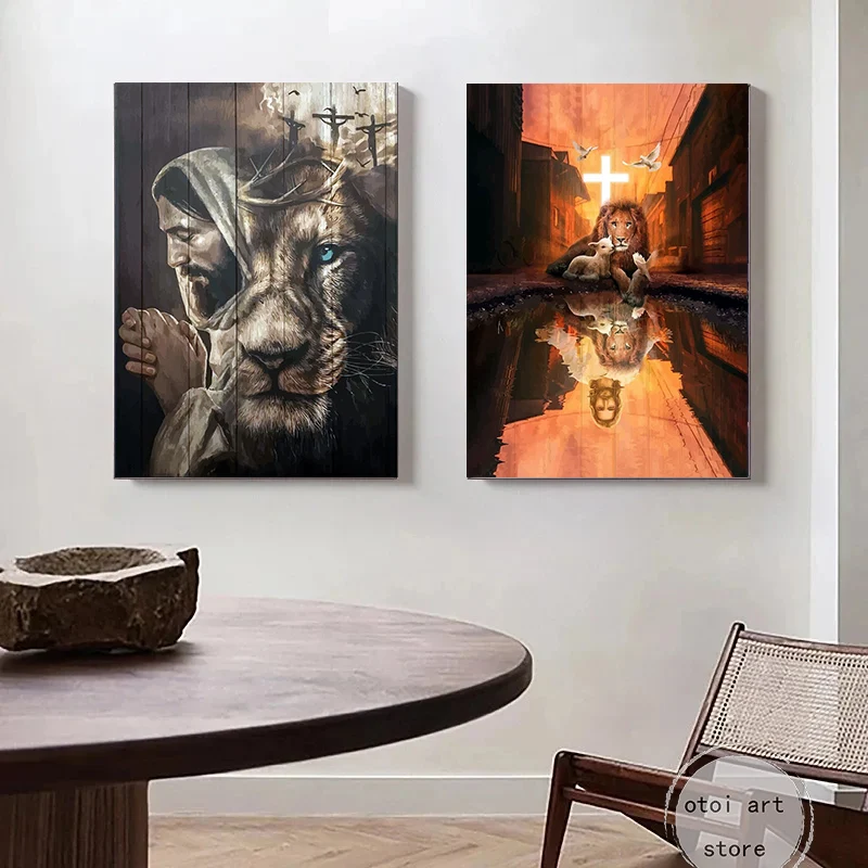 Motivational Text Jesus and Lion The Hand of God Warrior Art Posters Canvas Painting Wall Prints Pictures Living Room Home Decor