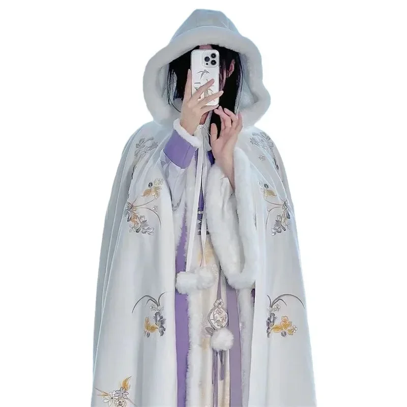 Adult Cape Embroidery Hanfu Winter Warm Heavy Industry Embroidery with Fur Collar Hat Cape