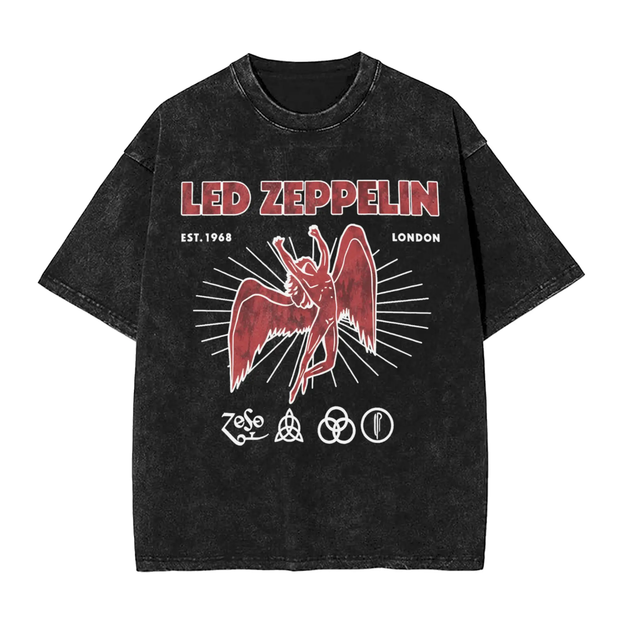 Streetwear Washed T-Shirt Rock Band Leds Zeppelins Loose T Shirts  Trendy Cool Tshirt for Couple Summer Y2K Fun Casual Top Tees