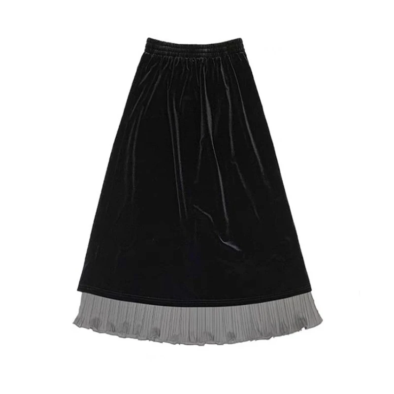 French Style Vintage Elegant Black Velvet Pleated Long Skirts Women Autumn Winter Elastic High Waist Splicing Ruffled Maxi Skirt