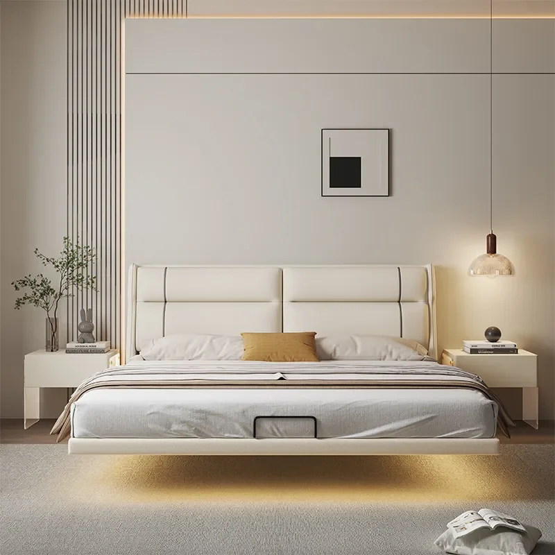 for Modern Simple Suspended Bed Sensor Light Strip Large Double Bed Luxury High End Atmosphere Leather Bed Master Bedroom