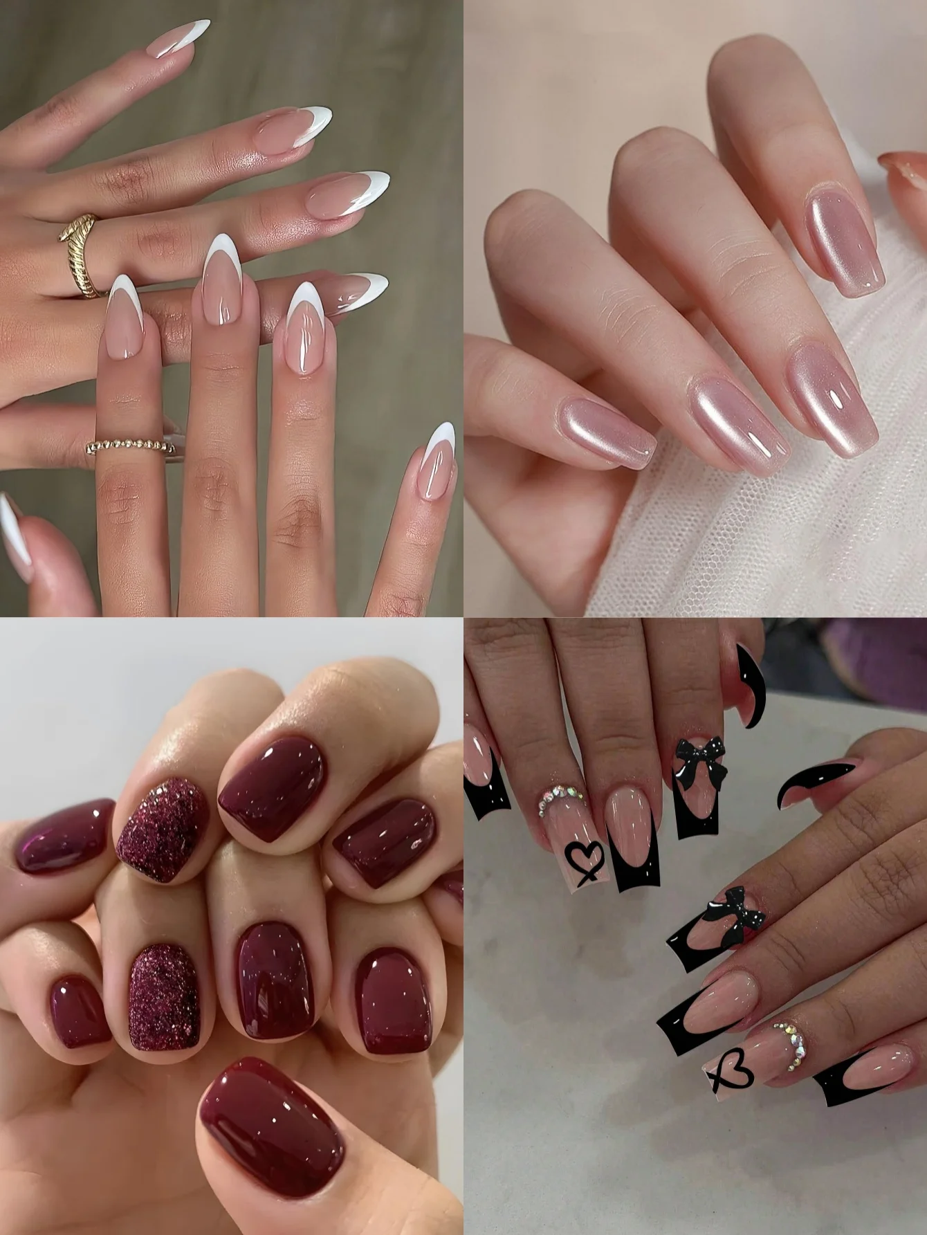 

Набор из 96 накладных ногтей: французский маникюр с белыми кончиками, нюдовый эффект «кошачий глаз», винно-красный с блестками, черные с бантиками. Накладные ногти для женщин на каждый день и для вечеринок.