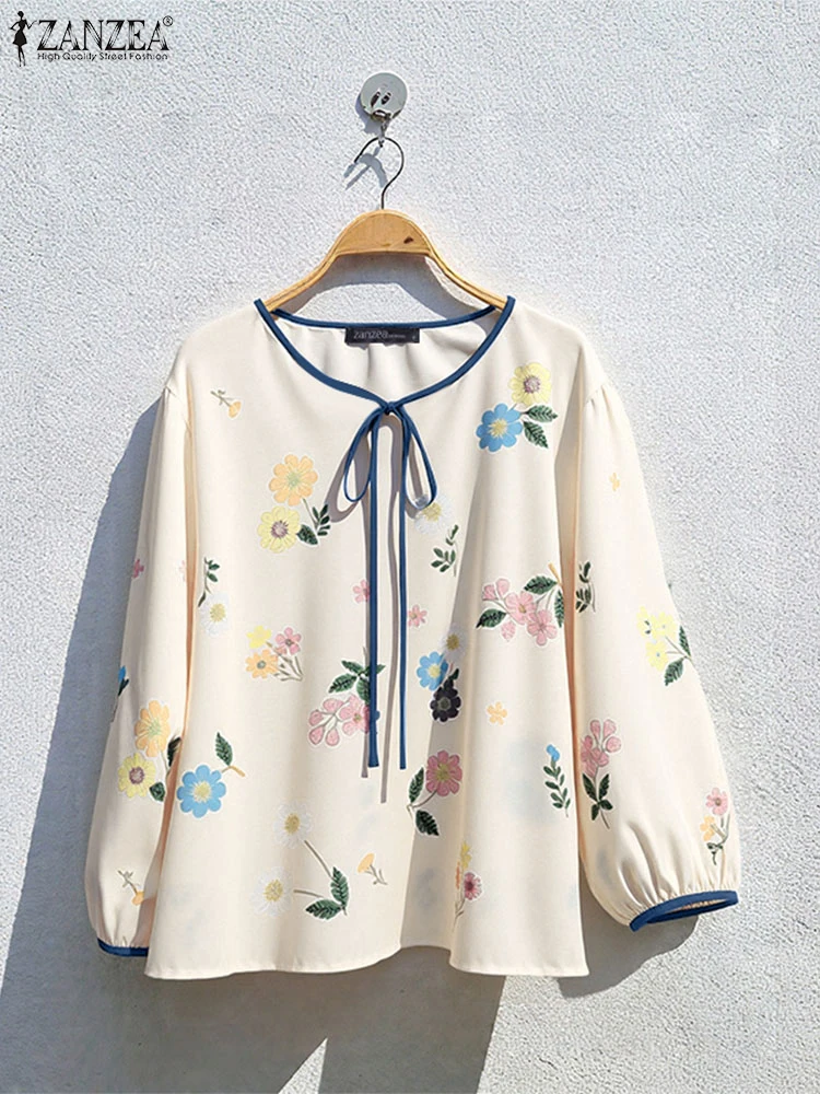 ZANZEA Women ashion Long Sleeve Blouse 2025 Autumn Puff Sleeve Floral Print Casual Shirts Tunic Tops Bandage Vintage Blusas
