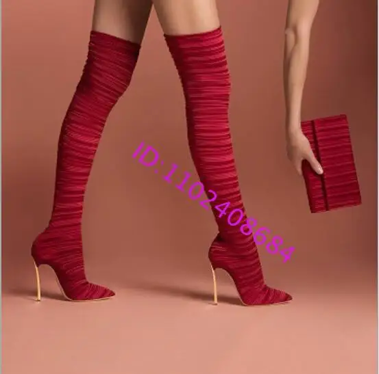 New Spiral Pattern Woman Stiletto Metal Heel Over The Knee Boots Fashion Woman Stretch Thigh High Boots Plus Size Custom Make