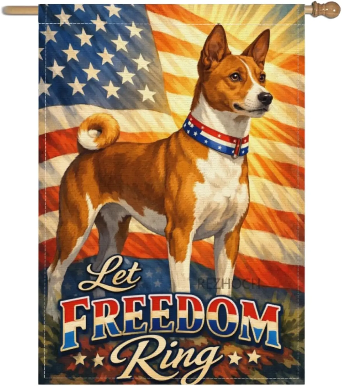 Patriotic Basenji Garden Flag 28x40Inch,Let Freedom Ring American Flag Outdoor Yard Decor,Rustic Farmhouse Home Lawn Funny A AAS