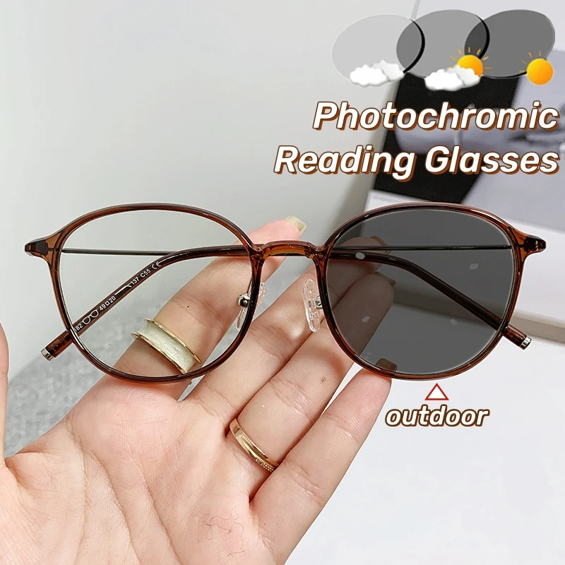 

Men Women Round Frame Reading Glasses Vintage Ultra Light Photochromic Presbyopia Glasses Anti Blue Elderly Computer Eyewear