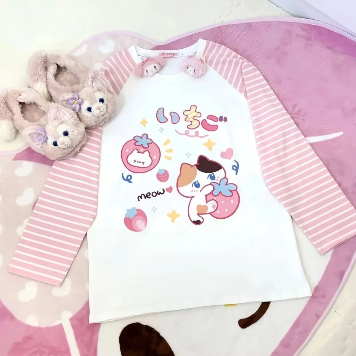 Harajuku الجرونج تي شيرت اليابانية المرقعة الوردي شريط عادية تيز الخريف الكرتون الطباعة Kawaii لطيف Y2k القمم الجمالية #6