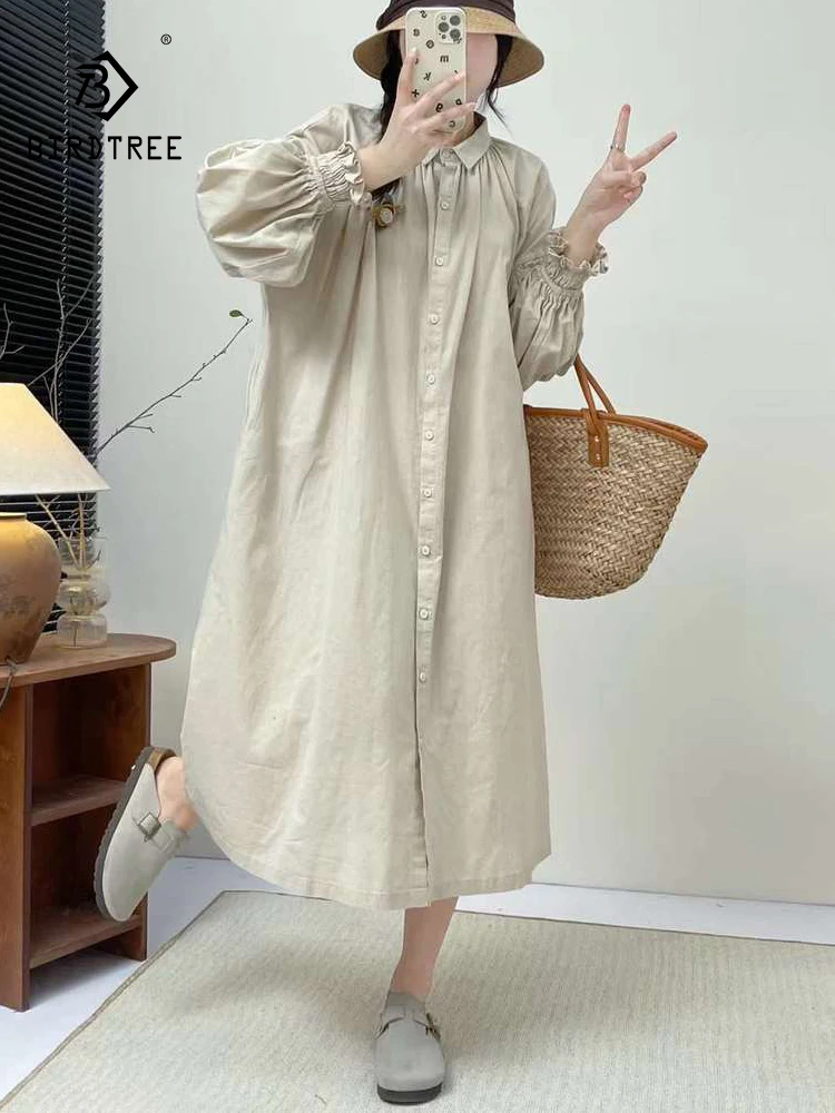 

New 2025 Summer Cotton Long Sleeve Dresses, Women Turn-down Collar Button, Mori Girl French Vintage Loose Long Dress B54220CC