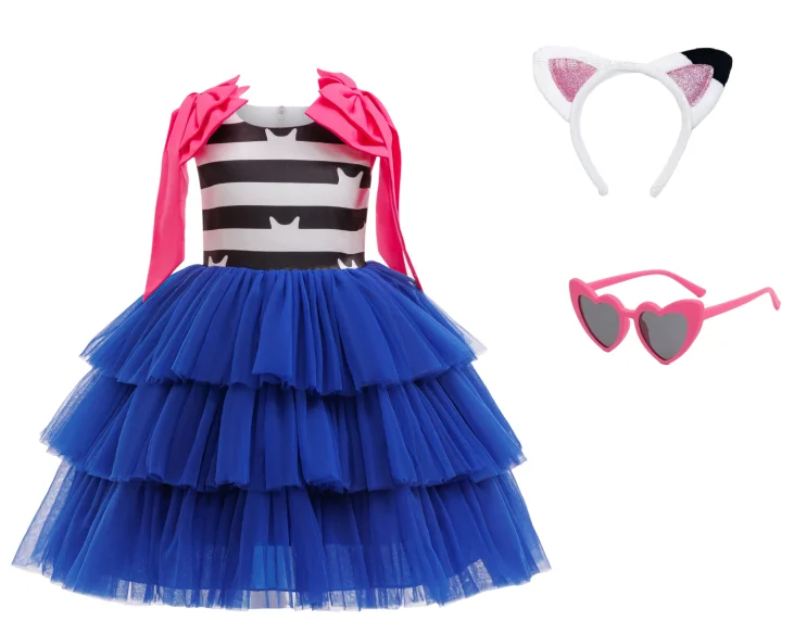 

Girls Cat Costume and headband glasses Tulle Dress for 3-7years Striped Layered Tutu dress Kids Birthday Party Halloween clothes