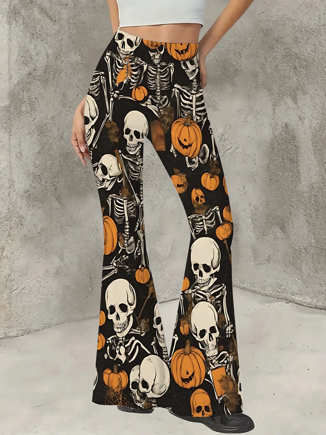 

Retro Printed Flare Pants Women High Waist Polyester Knit Bell Bottom Trousers