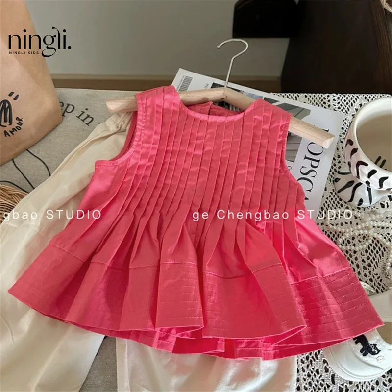 Girls Summer Set New Fashion Solid Color Red Vest+Apricot Wide Leg Pants Baby Girl SuitinsTide