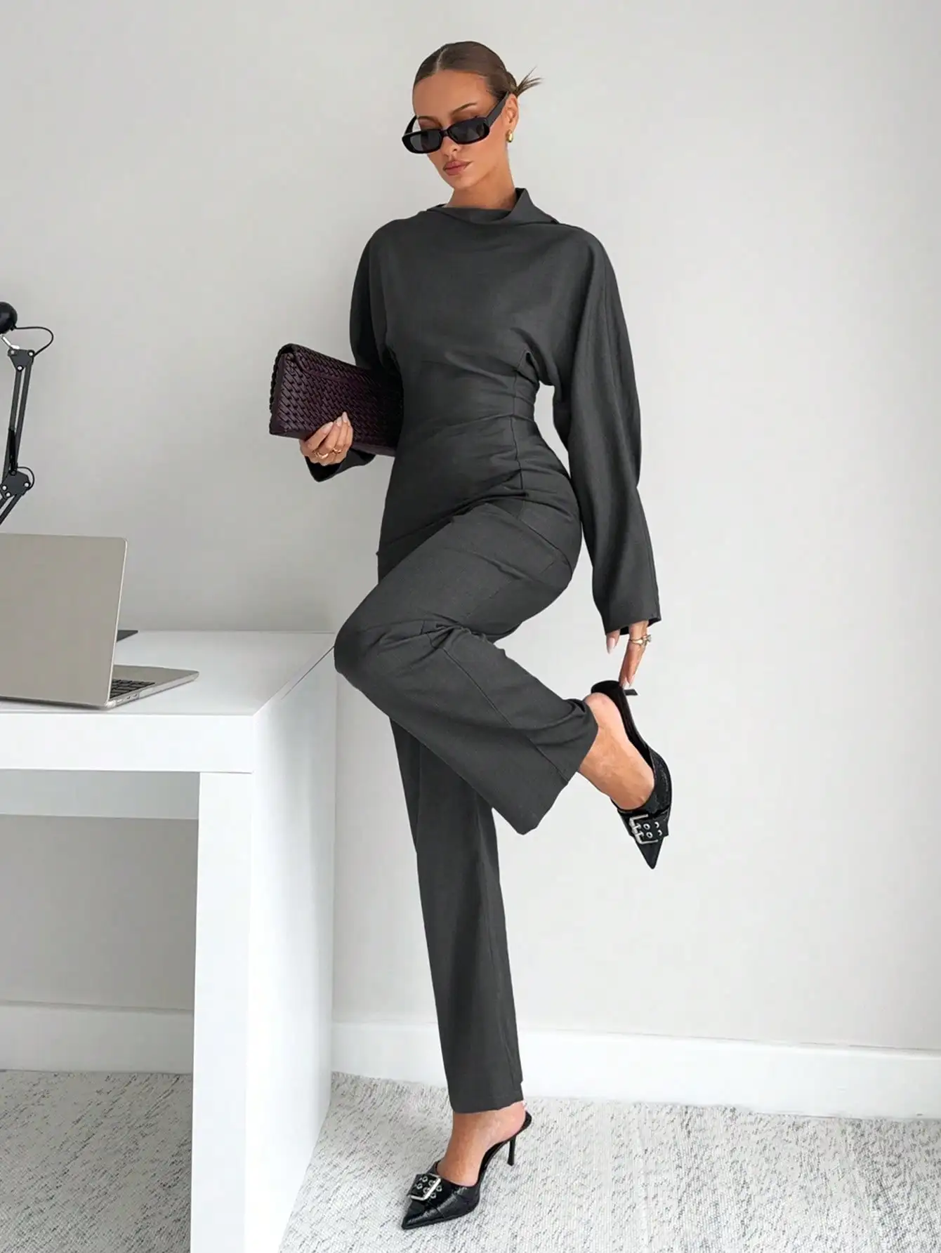 회색 2피스 여성 티셔츠 세트, 비즈니스 캐주얼 오피스웨어, 겨울용 모던 출퇴근복