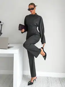 Grey 2-Piece Women's T-Shirt Set, Business Casual Office Wear, Modern Commuter Outfit for Winter