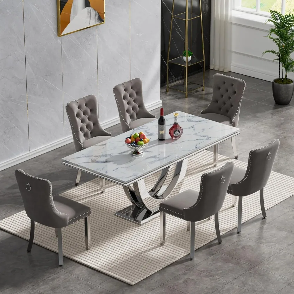 

Marble Dining Table Set for 6 Modern 7-Piece Faux Marble Dining Table Set with 6 Velvet Upholstered Chairs, 70"Large Long Marble