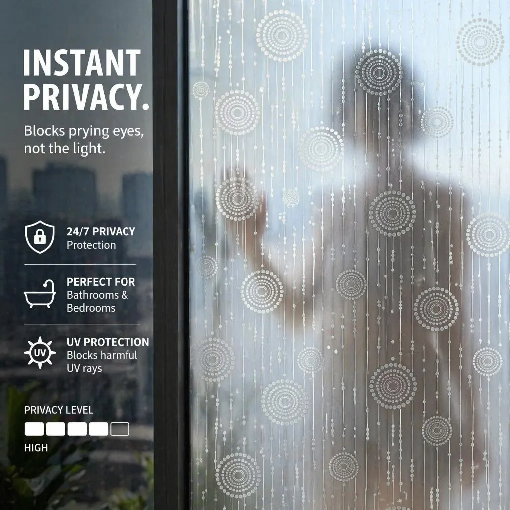 Minimalist Grey Frosted Geometric Privacy Window Film White Circle Dot Design Built-in Adhesive Soft Light Filter Cuttable