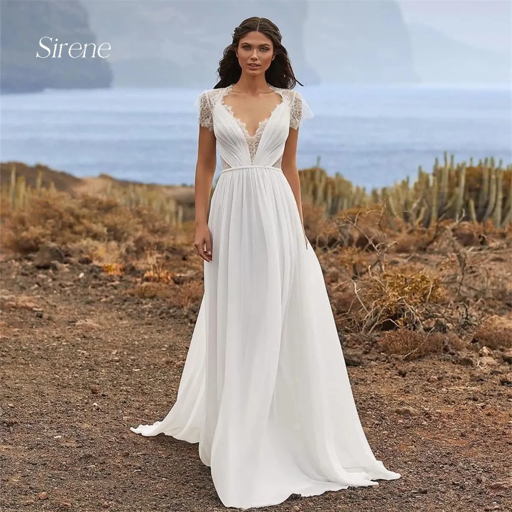 Sirene-Robe de Mariée en Mousseline de Soie et Dentelle Style Boho, Élégante, Ligne A, Manches Cape, Col en V Profond, sur Mesure, Robes2024