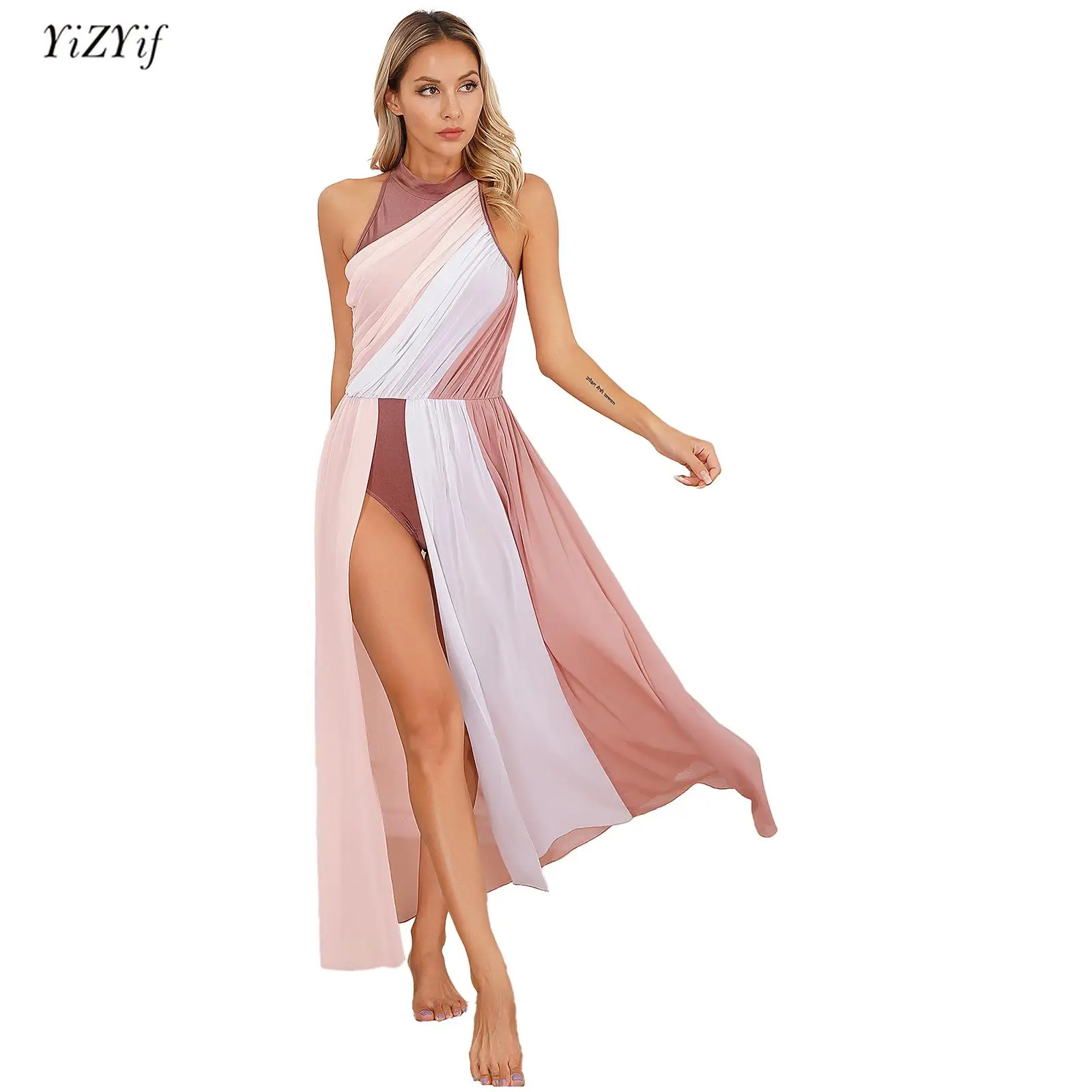 

Womens Modern Lyrical Dance Dress Fashion Sleeveless Color Block Split Dresses Ballroom Ballet Dance Stage Performance Costume