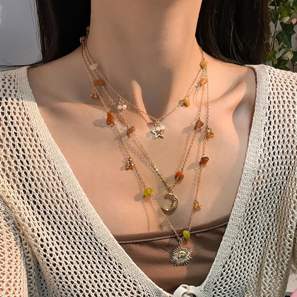 SHIXIN Vintage Multilayer Crystal Crushed Stone Choker Necklace Women Trendy Star Moon Sun Pendant Necklace Summer Neck Jewelry - Image 2