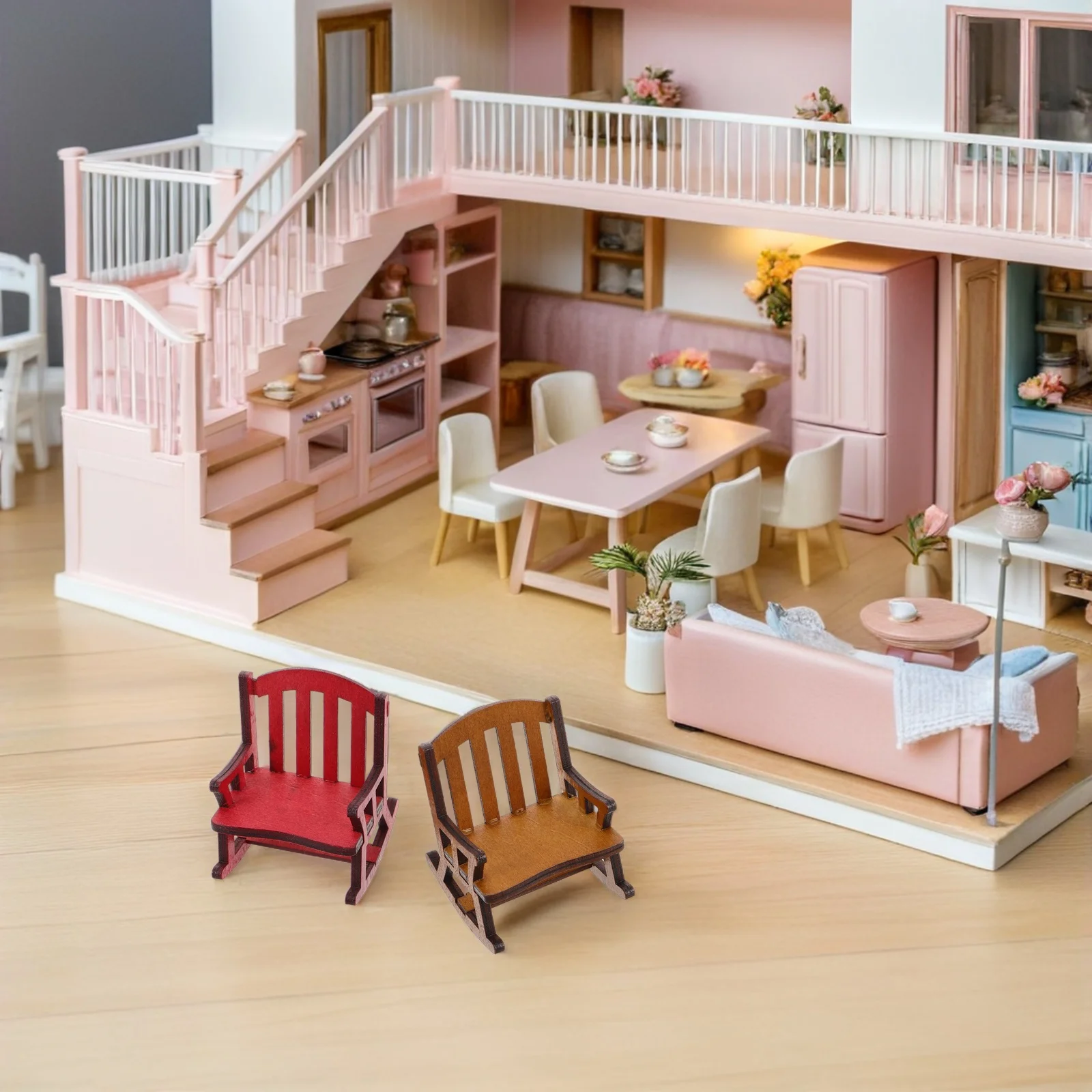 2 stks Mini Schommelstoel Houten Compacte Poppenhuis Meubelaccessoires Natuurlijke Houtnerf Fotografie Prop voor Kinderen