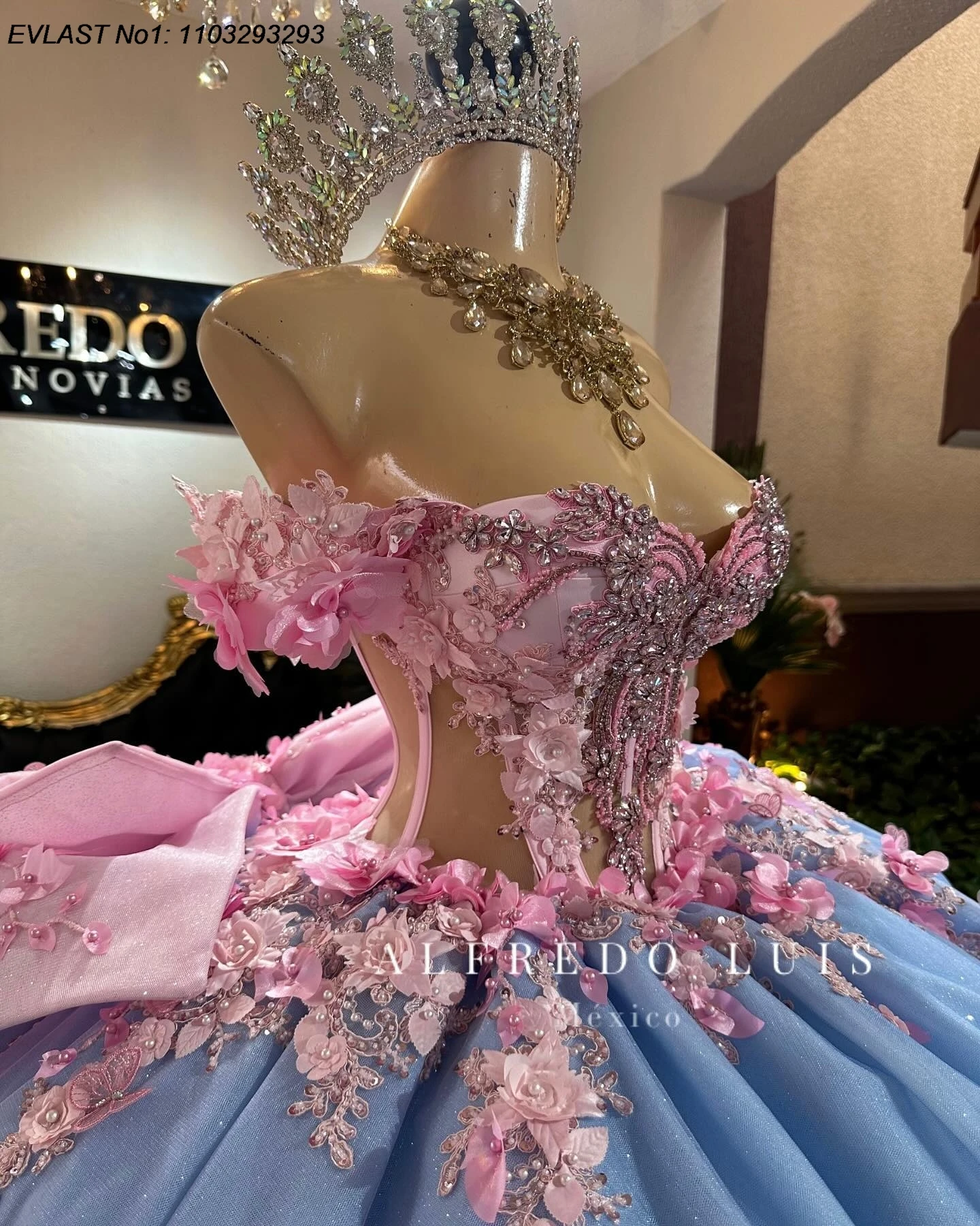 EVLAST Customized Blue Ball Gown Quinceanera Dress Pink Floral Lace Applique Beading Crystal Sweet 16 Vestidos De 15 Anos E1Q913