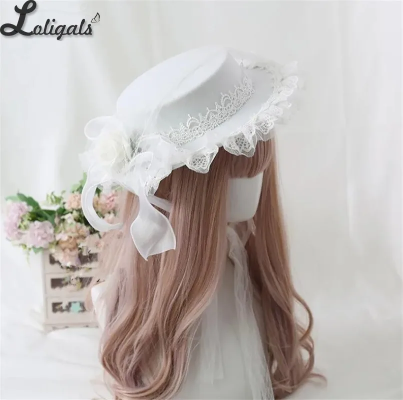 قبعة الدانتيل القوطية الرجعية للفتيات ، قبعة مسطحة ، لوليتا ، وردة ، زهرة ، شريط W