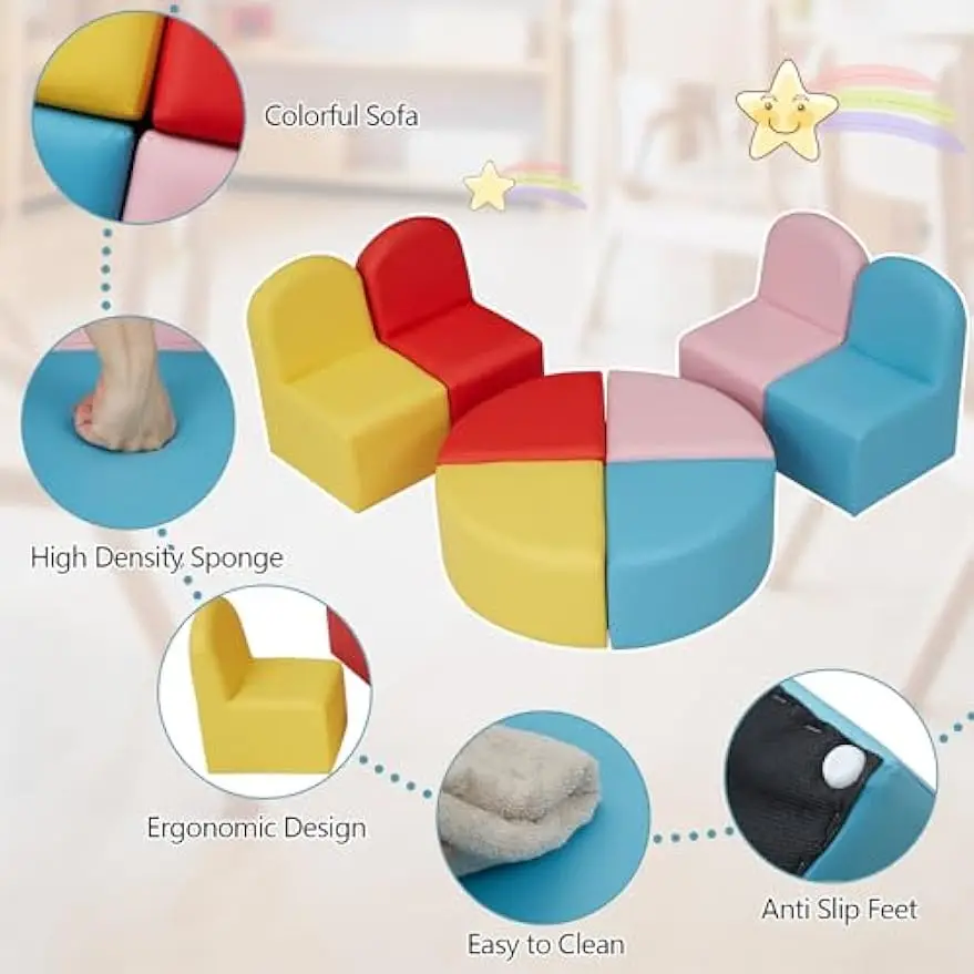 Sofa Seating Set Convert to Table and 4 Chairs Colorful Stools for Toddlers Soft Foam Play 8 PCs Set for Classroom