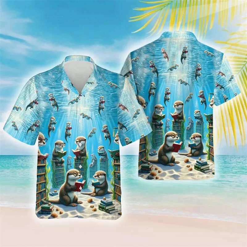 Funny Sea Otter 3D Print Hawaii Shirt Sea Animal Graphic Shirts For Men Clothing Harajuku Fashion Short Sleeve Blouses Y2k Tops