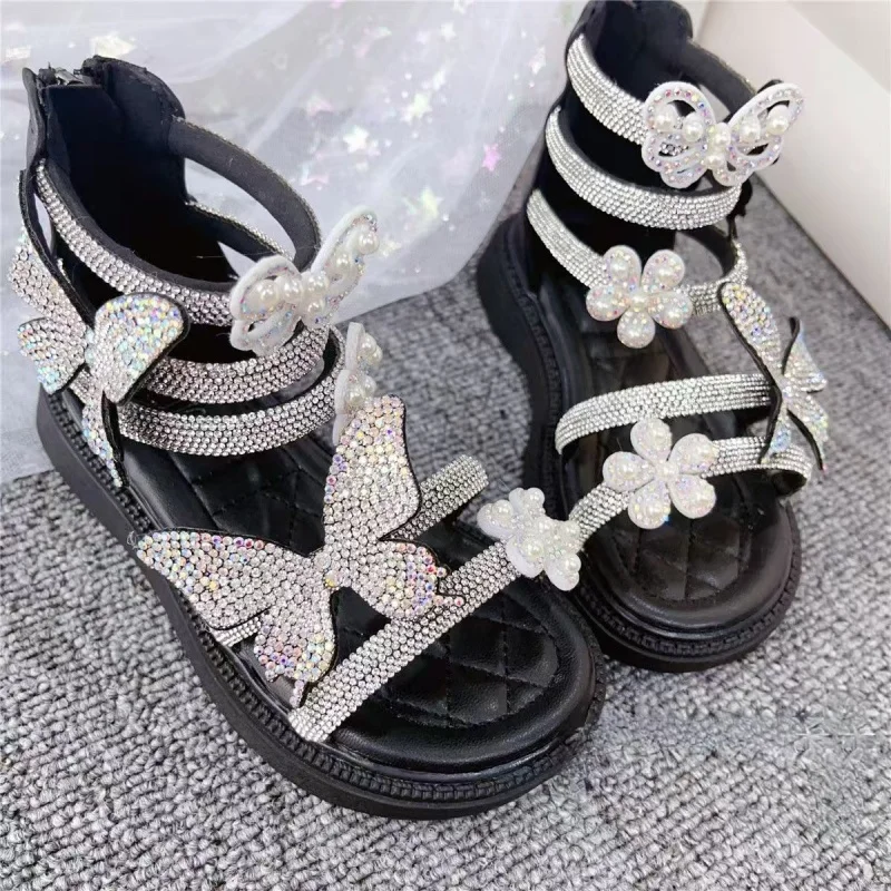 Girls' High Top Sandals Summer New Style Diamond Bow Fashion Roman Princess Shoes 2026 Children's Soft Bottom Beach Sandals