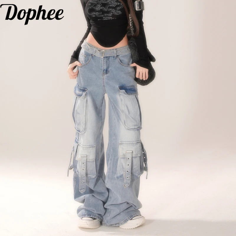 

Dophee Spring Summer Women Denim Trousers Gradient Light Blue Multi Pocket Casual Cargo Pants Spice Girls Loose Straight Jeans