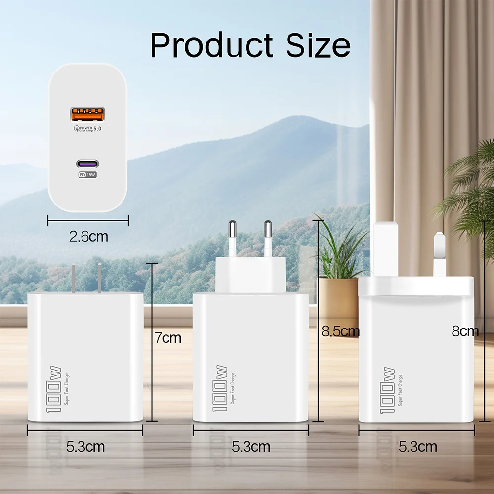 Elough 고속 충전 어댑터, 화웨이 삼성 아이폰 태블릿용, USB C + USB A 슈퍼 차지 휴대폰, EU, UK, US, 100W