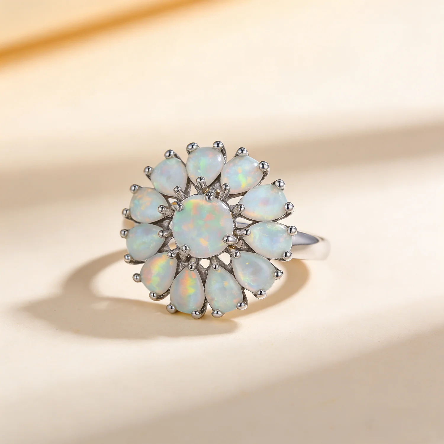 Luxury Flower Cocktail Ring with Real Fire Opal & Pink Gems Copper-Based Elegant Trendy Fashion Jewelry for Women
