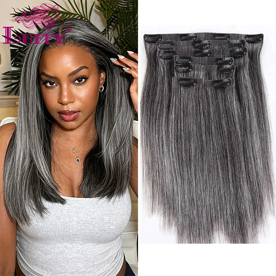 Salt Pepper Seamless PU Clip In Hair Extensions 100g 7Pcs Straight Human Hair Clip Ins 100% Human Hair Skin Weft Gray Color Hair