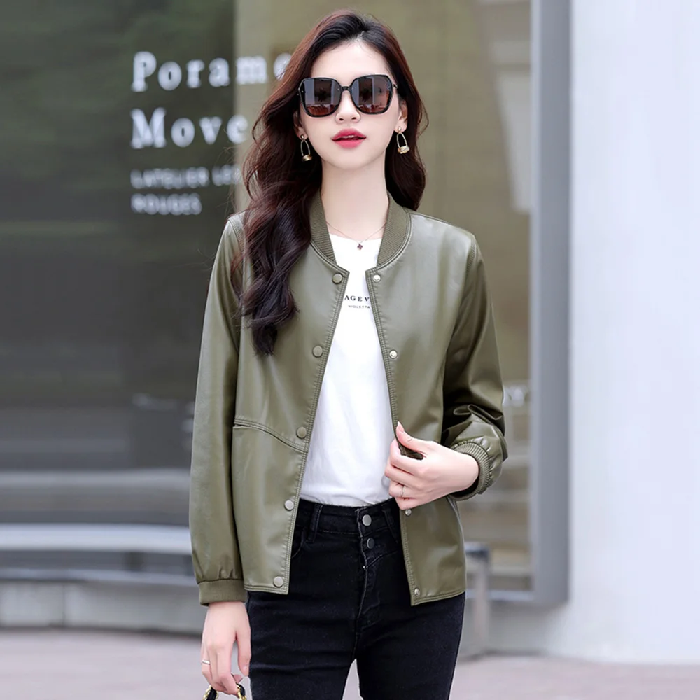 New Women Casual Leather Jacket Spring Autumn Fashion Patchwork V-Neck Single Breasted Loose Short Outerwear Split Leather